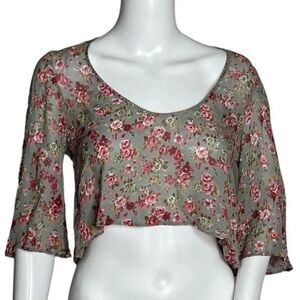 Reformation Shirt Womens Small Green Pink Floral Flower Crop Blouse Bell Sleeve